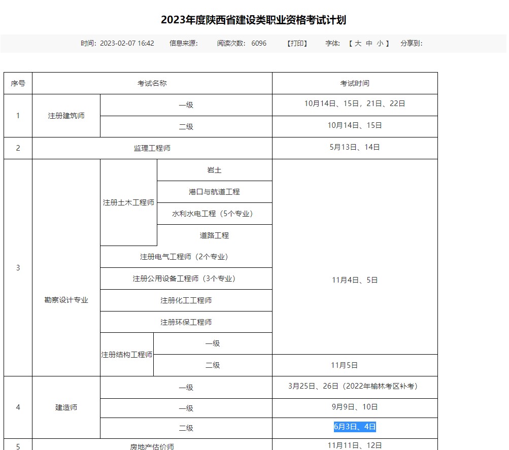2023年陕西二级建造师考试时间确定：6月3-4日