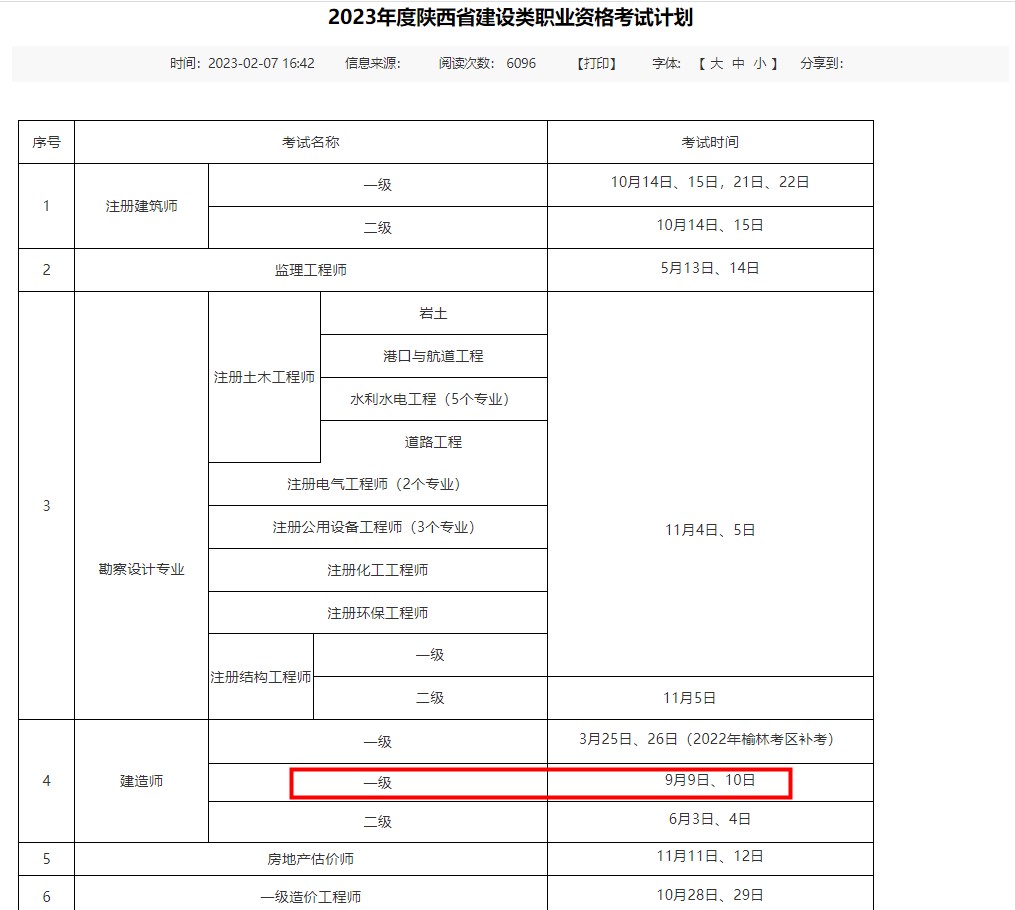 2023年陕西一级建造师考试时间确定：9月9-10日