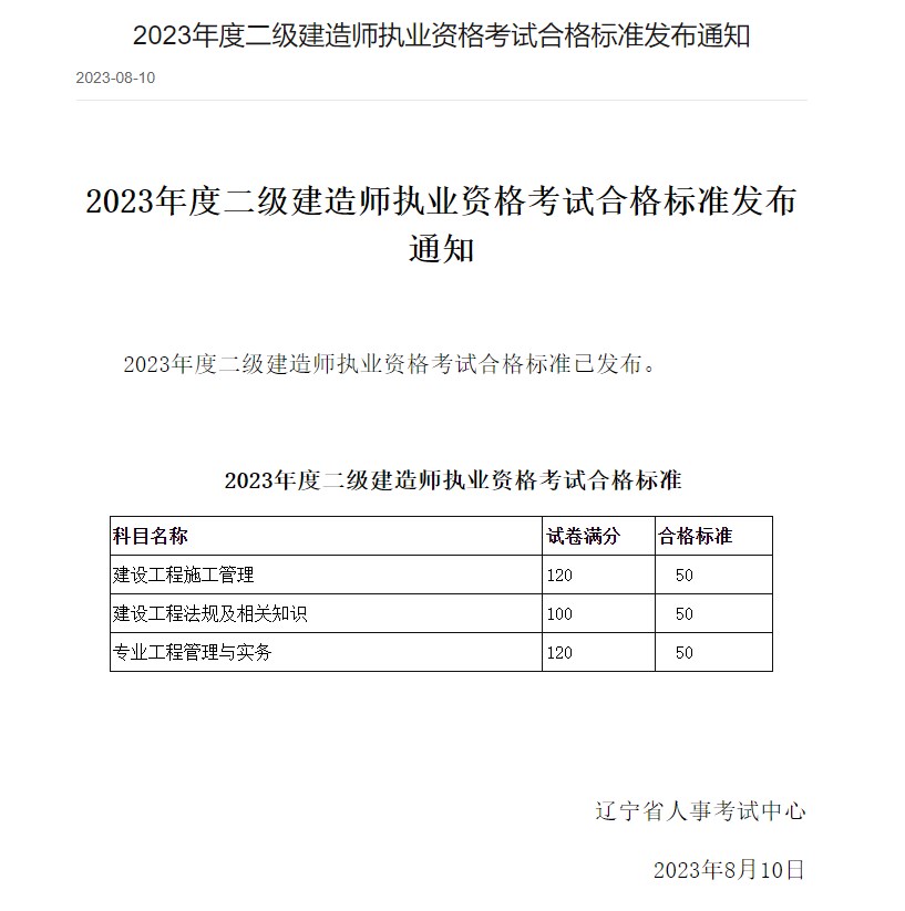辽宁2023年二级建造师考试合格标准发布通知